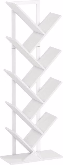 HOMCOM 9-Tier Industrial Tree Bookshelf, White Freestanding Ladder Bookcase with Steel Frame – 1
