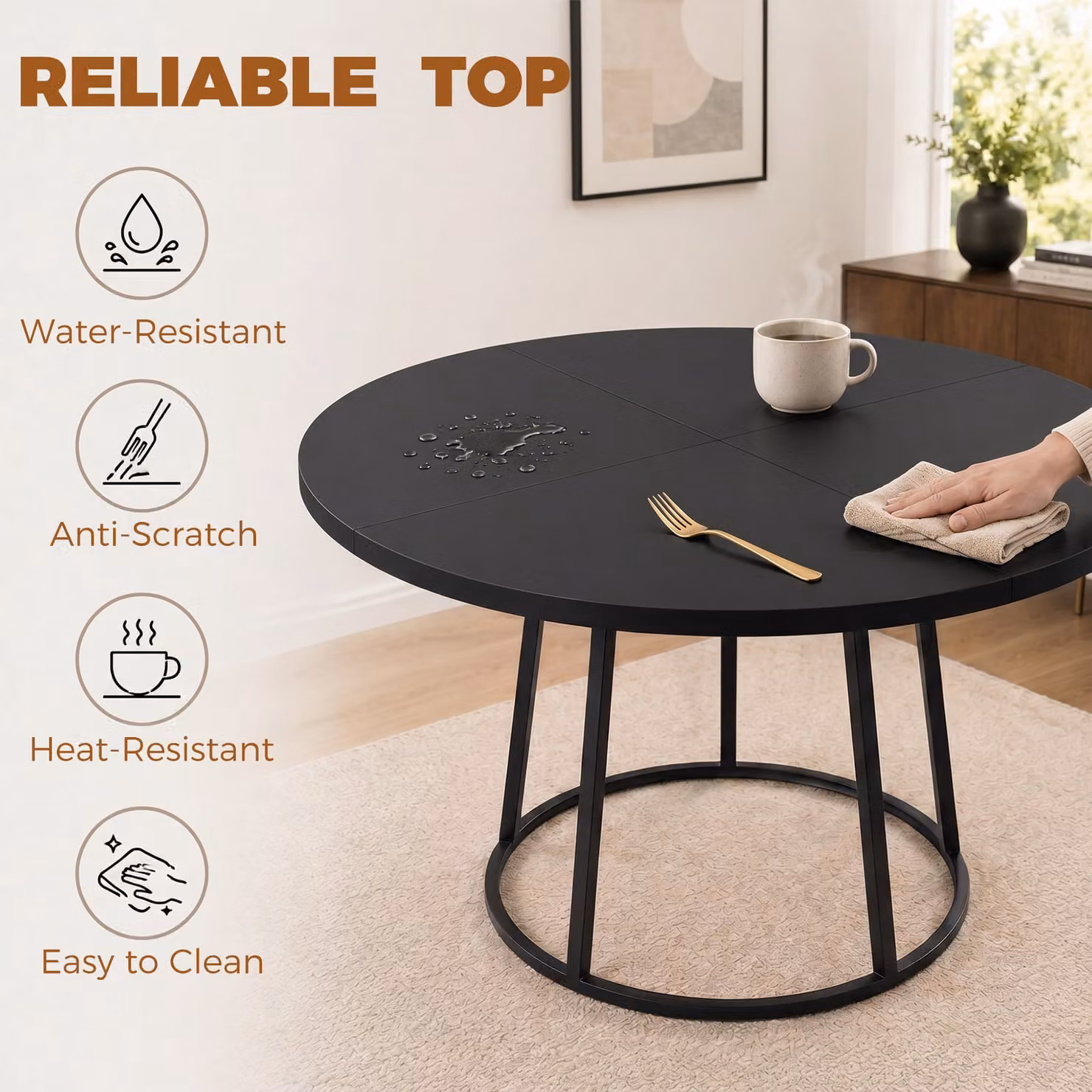 HOMCOM Round Black Dining Table with Spliced MDF Top and Conical Metal Base, Diameter: 120 cm – 6
