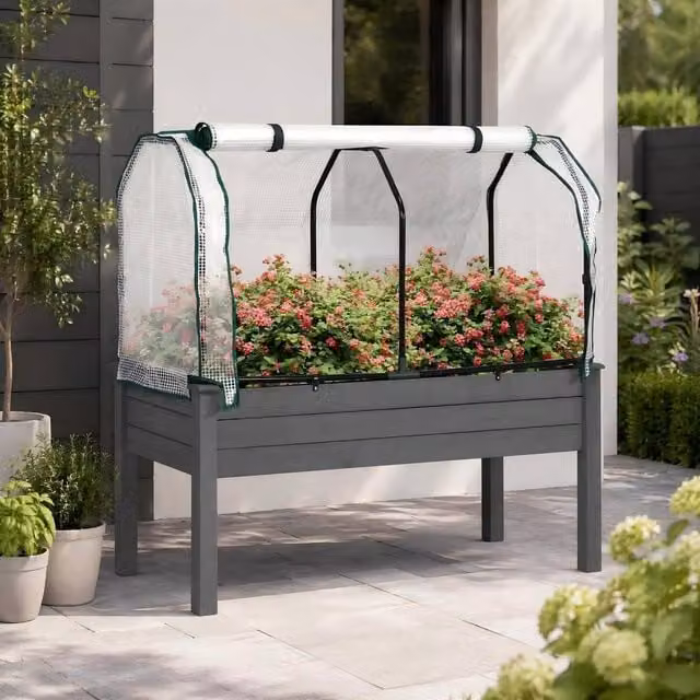 STILVORA Raised Wooden Garden Bed with PE Cover in Grey, W/D/H: 121 x 117 x 55 cm