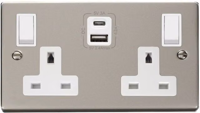 SE HOME White and Silver Surface Mounted 2 Gang 13A Type A C USB Twin Double Switched Plug Socket