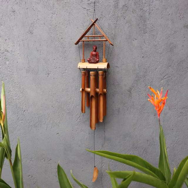 KDMK Brown Buddha Bamboo Windchime Hanging Boho Wood Decor