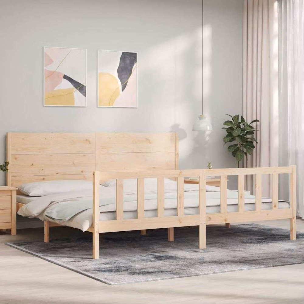 Berkfield Home Solid Wood Bed Frame with Headboard in Brown Pine, W/D/H: 200 x 200 cm – 1
