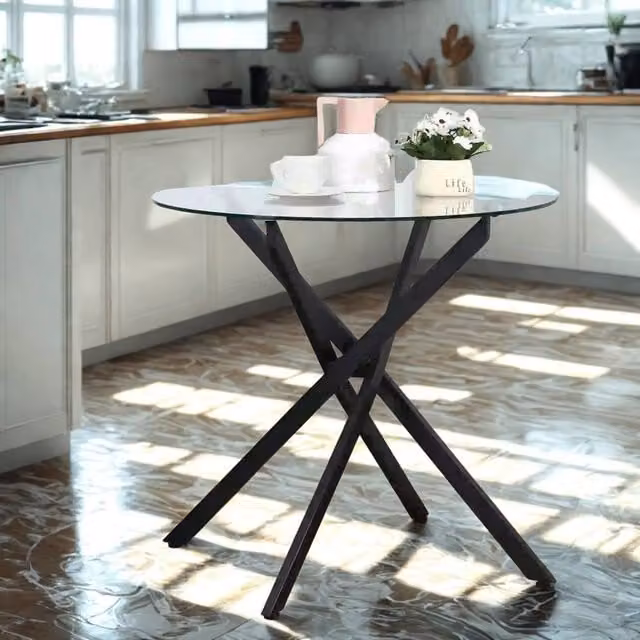 FURNOS Industrial Round Tempered Glass Coffee Table with Black Metal Frame, Diameter: 80 cm, Height: 40 cm
