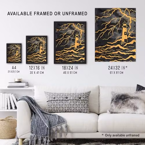 Artery8 Lighthouse Lightning Storm Gold Contrast Wall Art Poster Print on Thick Paper, 46 x 61 cm – 3