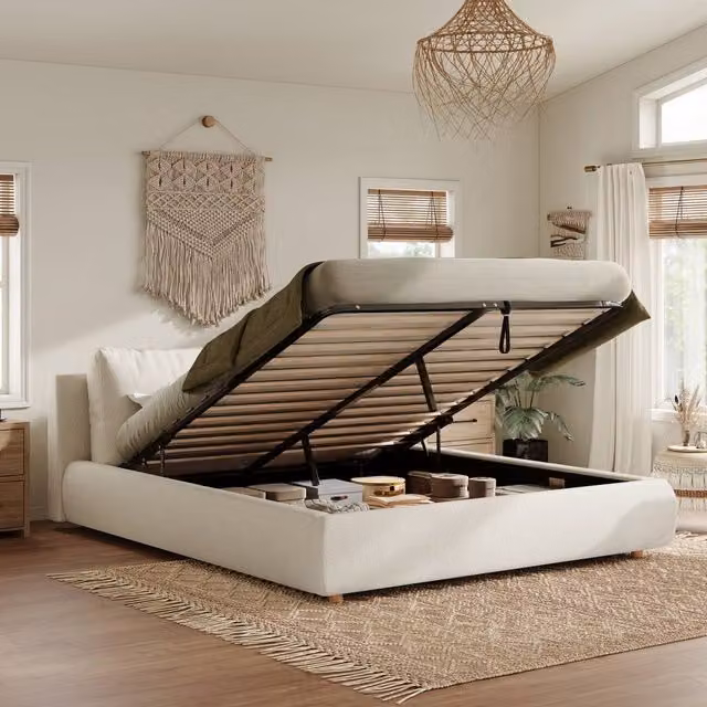 Matteo King Size Ottoman Storage Bed in White Bouclé Fabric with Lift Up Base – 1