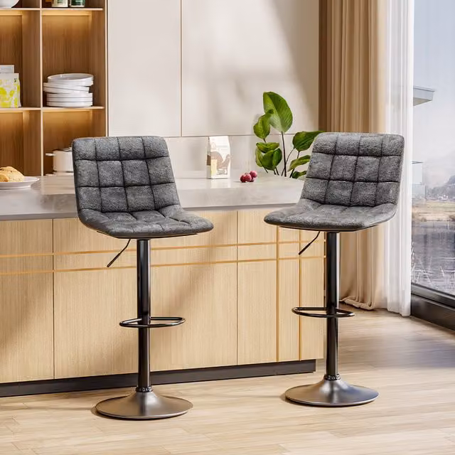 Livingandhome Set of 2 Black and Grey PU Leather Padded Adjustable Height 360 Degree Swivel Bar Stools