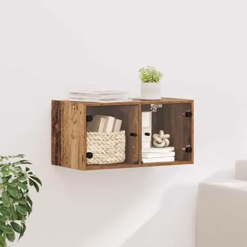 vidaXL Modern Wall Mounted Cabinet with Glass Doors in Old Wood Brown, W/D/H: 68 x 37 x 35 cm – 2