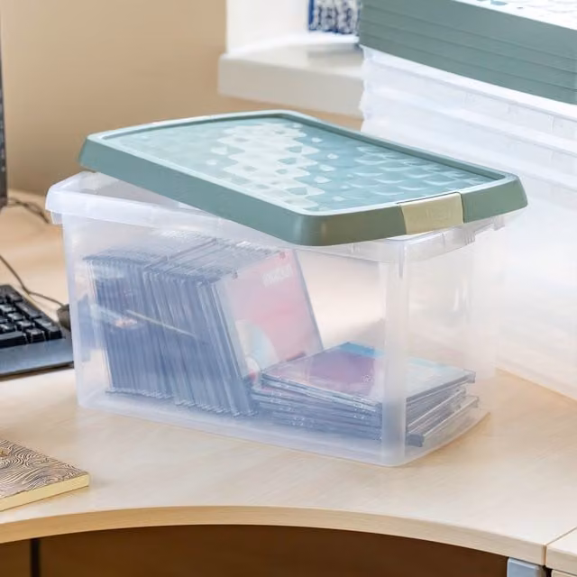 Wham Set of 5 Green Transparent 14L Rectangular Plastic Storage Boxes with Lids and Handles