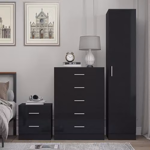 Reflect Modern Bedroom Furniture Set in Black Gloss and Black Oak Finish including 1 Door Wardrobe, 5 Drawer Chest and 2 Drawer Bedside Table – 2