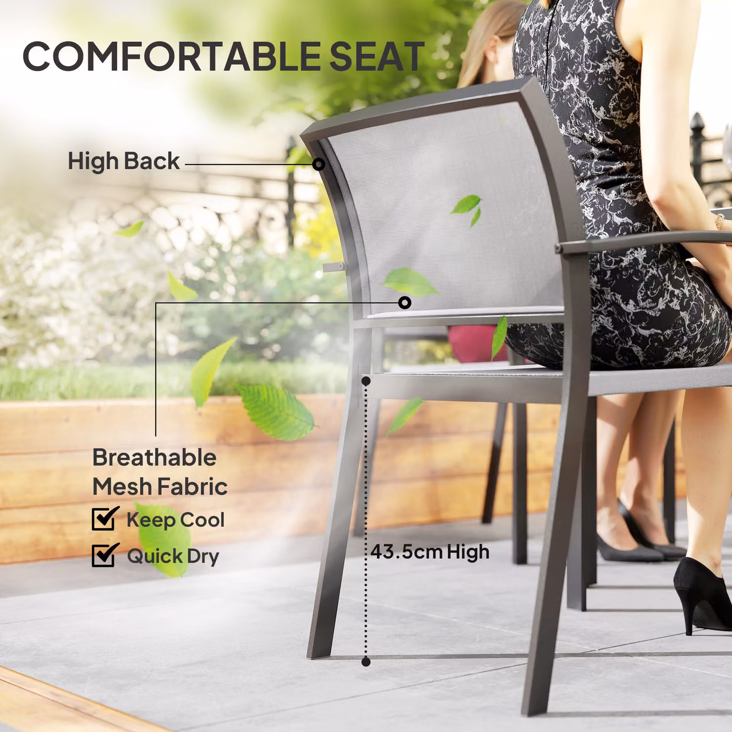 Outsunny 5 Piece Grey Garden Furniture Set with Square Table and 4 Stackable Armchairs featuring Powder Coated Steel Frame and Texteline Seats – 4
