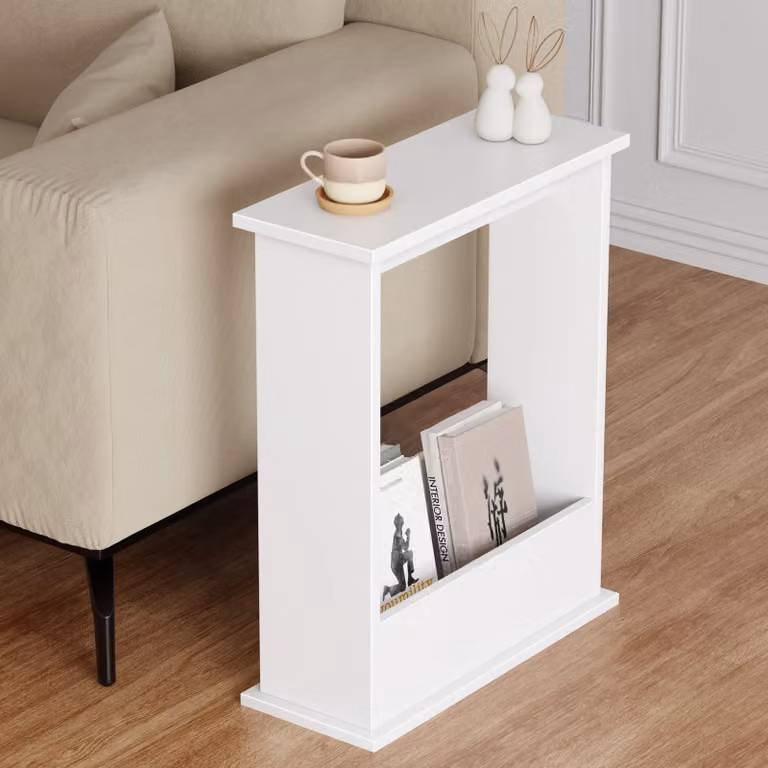 Small Narrow White Side Table with Storage and Minimalist Design