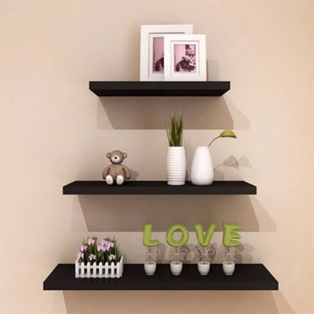 SPETLEK Set of 3 Black Matt Floating Wall Shelves, W/D/H: 50 x 15 x 1.5 cm, 40 x 15 x 1.5 cm and 30 x 15 x 1.5 cm