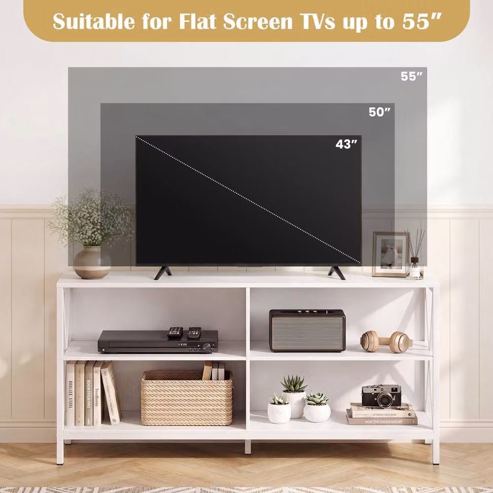 Gymax Modern White Metal TV Stand and Entertainment Centre with 4 Open Storage Shelves – 3