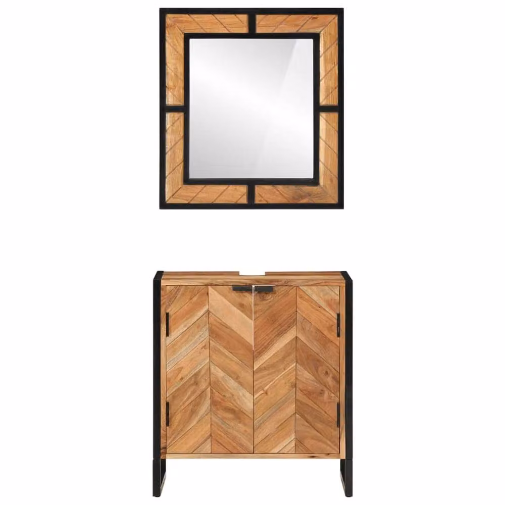 Berkfield Home 2 Piece Industrial Bathroom Furniture Set with Vanity Unit and Mirror Cabinet in Brown Acacia Wood and Metal – 2