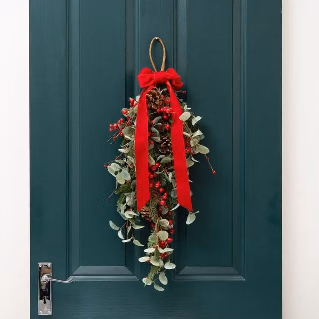 Scottish Everlastings Ltd Red Berry and Eucalyptus Teardrop Wreath Swag, 55 cm