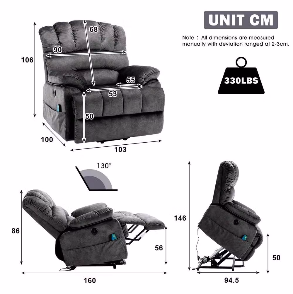 STILVORA Grey Fabric Recliner Chair with Massage, Heat, USB and Powered Lift Assist – 3