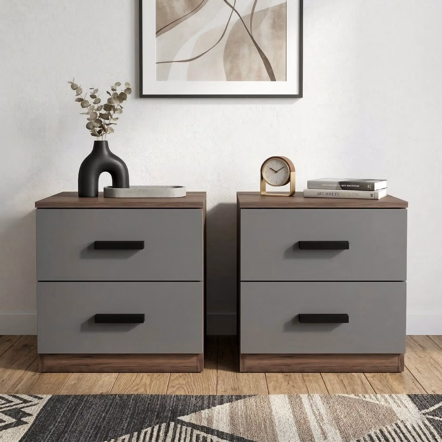 DHS Blythe Mid-Century Walnut and Grey Bedside Table Pair with 2 Drawers