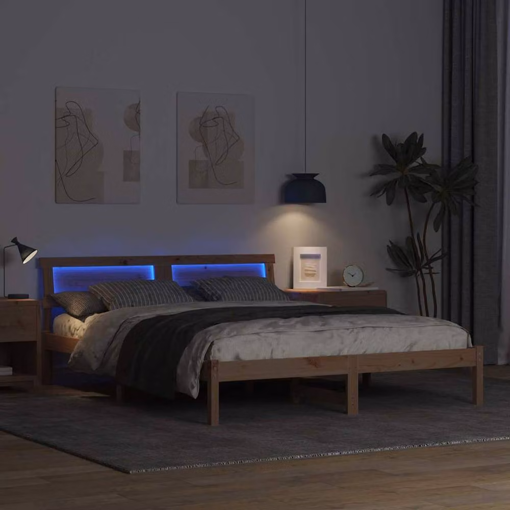 Berkfield Home Modern Solid Wood Bed with LED Strip Lights and Headboard in Brown and Light Tan, W/D/H: 150 x 200 cm – 2