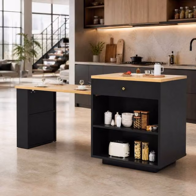 STILVORA Extendable Bar Table with Storage and LED in Black, W/D/H: 93.5 x 70 x 70 cm