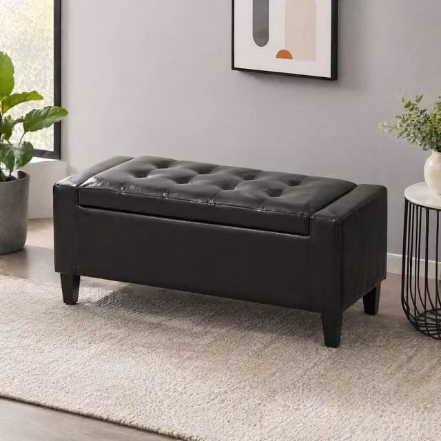 STILVORA Black Synthetic Leather Storage Ottoman Bench with Lift-Up Lid