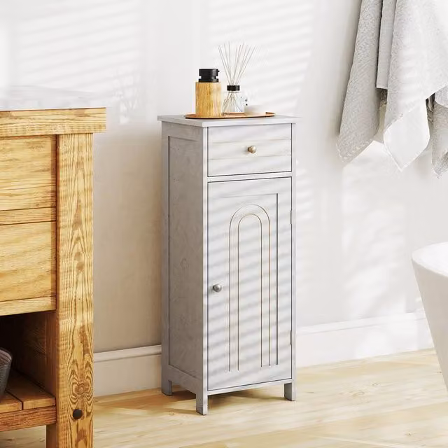 Costway Grey Wooden Floor Standing Bathroom Storage Cabinet with Hinged Doors and Internal Shelves
