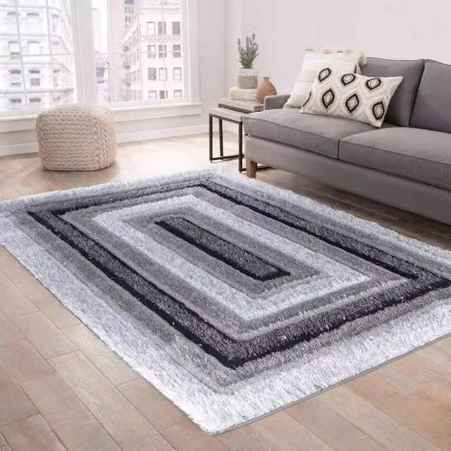 Desire Rugs Modern Soft Bordered Shimmer Shaggy Area Rug, Grey, W: 160 cm, L: 230 cm