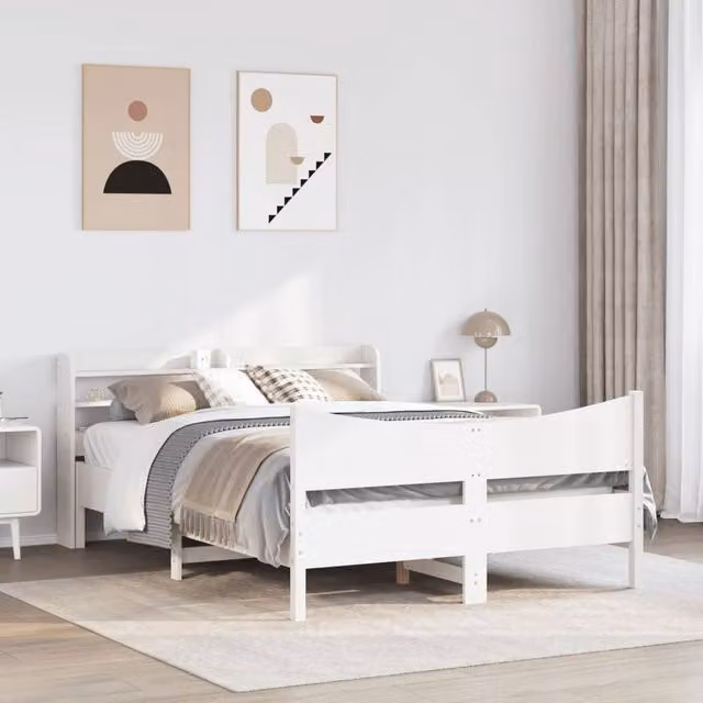Berkfield Home Sleek Bed Frame with Headboard in White Solid Pine Wood, W/D/H: 140 x 200 cm – 1