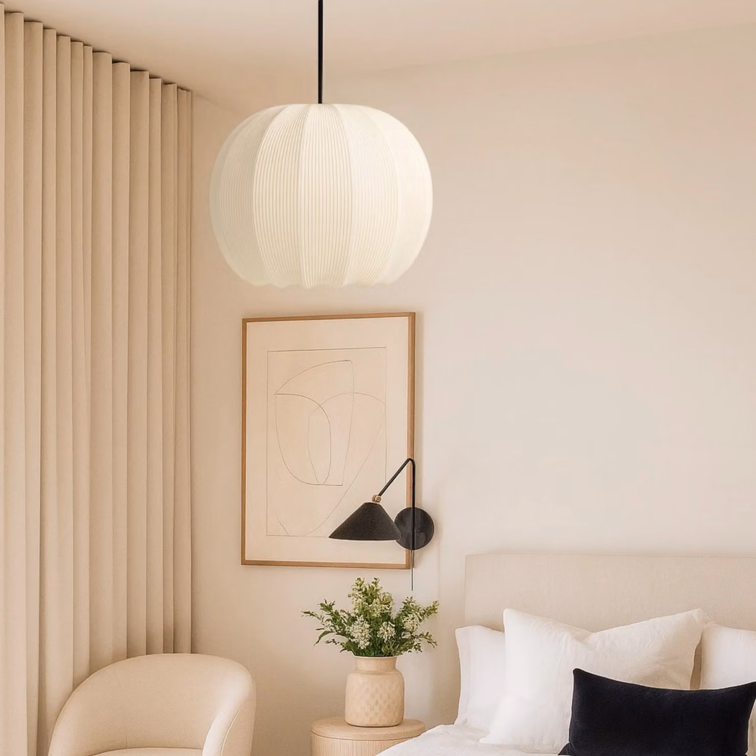 CGC Lighting Modern Round Ribbed Stretch Cotton Fabric Lampshade in Cream and Beige, Diameter: 38 cm – 2