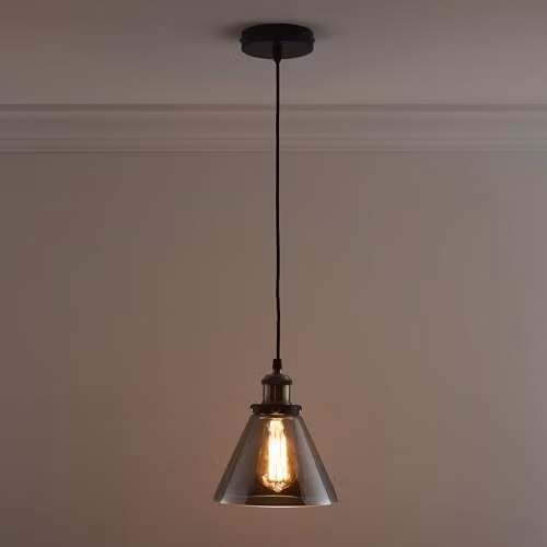 K LIVING Lucy 1 Light Hanging Grey Smokey Glass Ceiling Pendant with Gold/Brass Metal Details and Included LED Bulb, H 120 cm x W 18 cm x D 18 cm