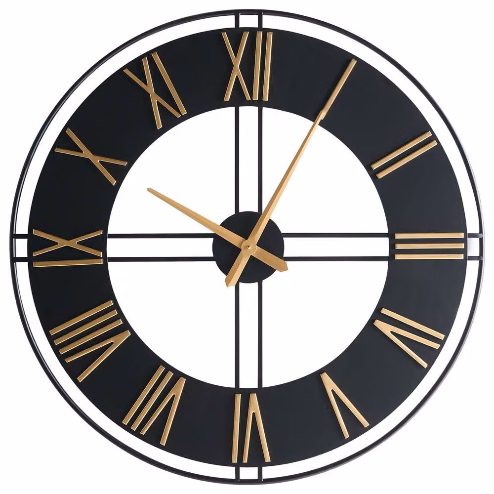 Wyld and Coco Industrial Round Analog Wall Clock in Matte Black Metal with Gold Roman Numerals, Diameter: 80 cm – 2