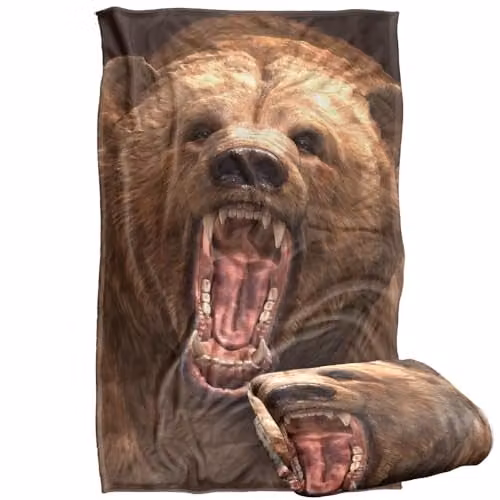 JQ Licensing Royce Mcclure Grizzly Bear Head Super Soft Silky Touch Fleece Throw Blanket, Multicolour, W/D/H: 91 x 147 cm – 1