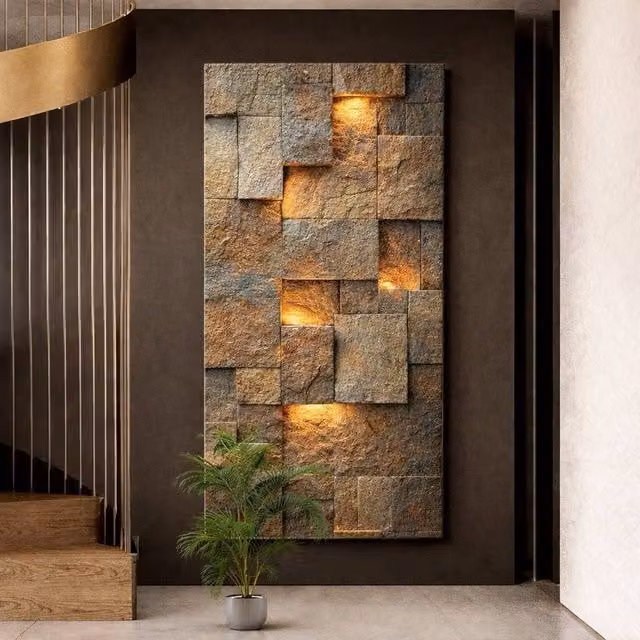Mafett Brown Stone Texture Effect Canvas Wall Art with Abstract Geometric Design – 1