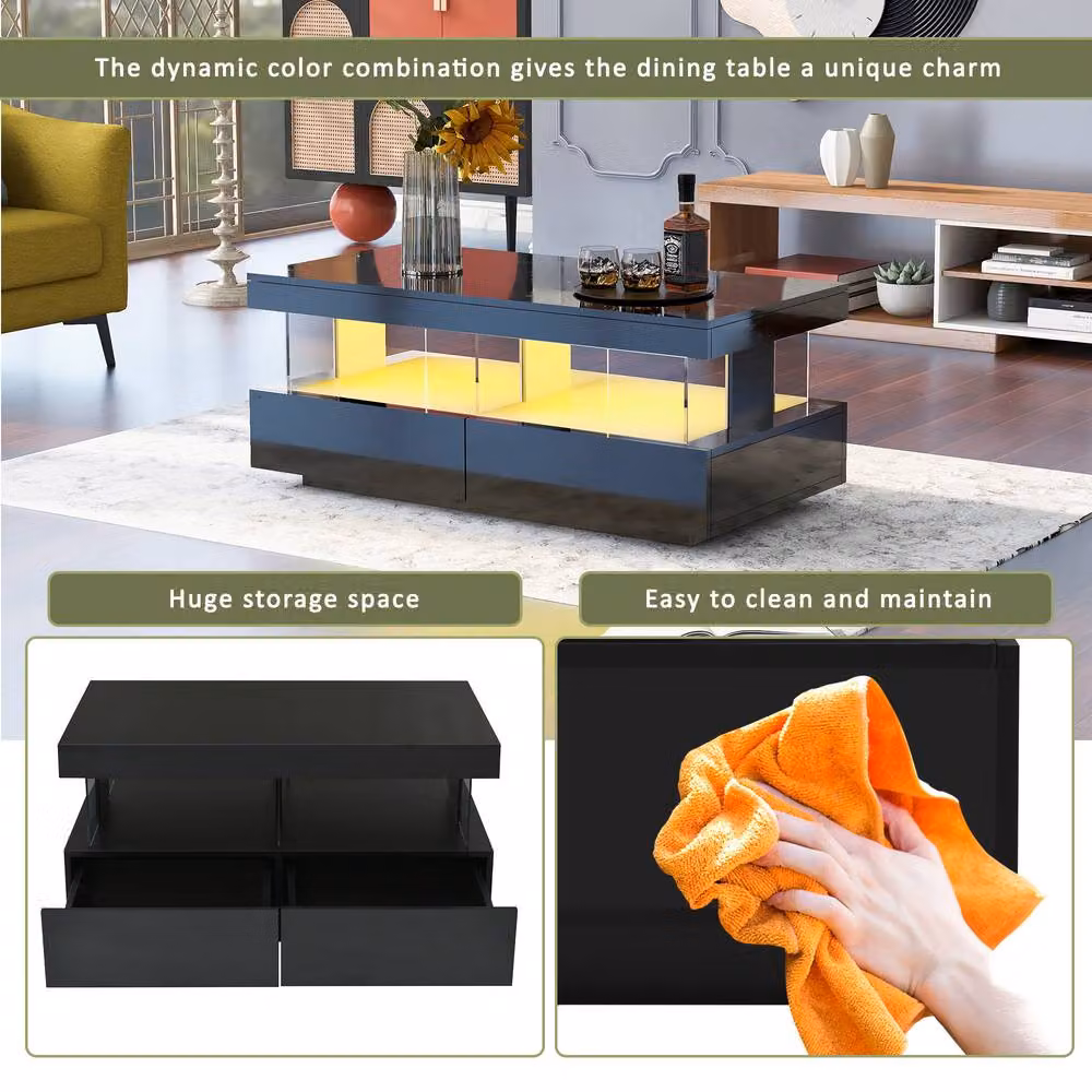 Merax High Gloss LED Coffee Table with 2 Drawers and Open Shelf in Black – 3