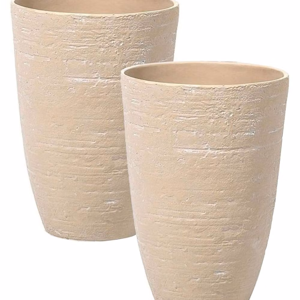 Wyld and Coco Beige LuxStone Planter Set of 2 - Tall Round Indoor and Outdoor Pots – 2
