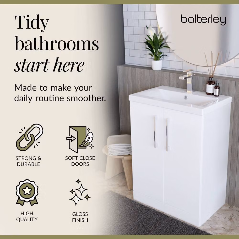 Balterley Modern Gloss White Floor Standing Bathroom Vanity Unit with 2 Soft-Close Doors and Mid-Edge Basin, W/D/H: 60 x 39 x 84 cm – 3