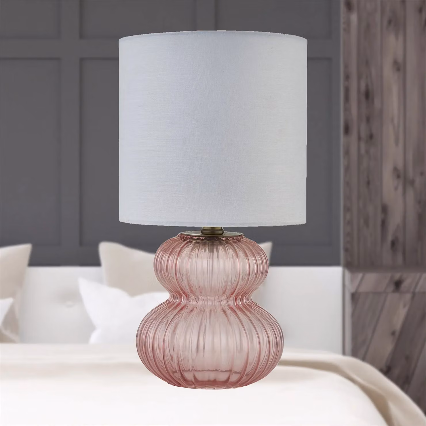 First Choice Lighting Walter Set of 2 Pink Ribbed Glass Table Lamps with White Fabric Shades – 3