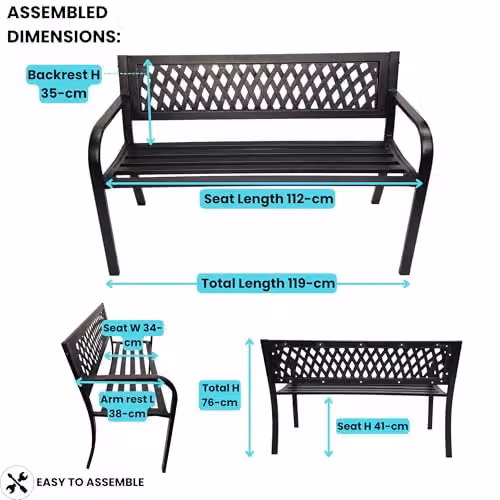 Samuel ALEXANDER Keswick 2 Seater Modern Metal Garden Bench in Matt Black, W/D/H: 76 x 34 x 34 cm – 2