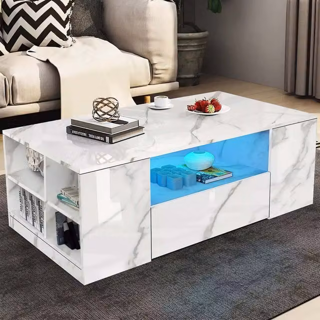 Comfy Living Modern 2 Drawer LED Coffee Table in White and Marble Finish