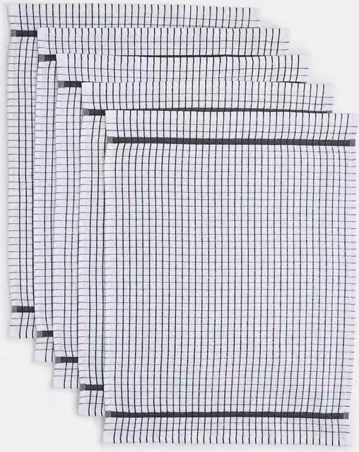 M&S Set of 5 Checked Terry Tea Towels in Grey and White with Hanging Loops