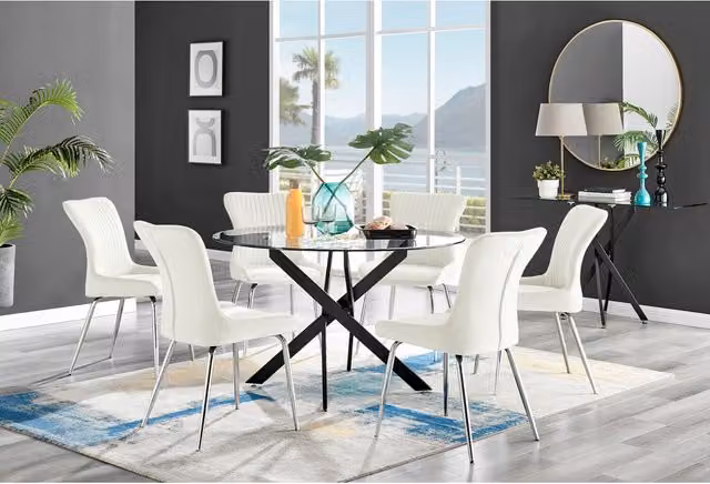 FurnitureboxUK Novara Round Glass Dining Table with 6 Nora Silver Leg Chairs in Cream