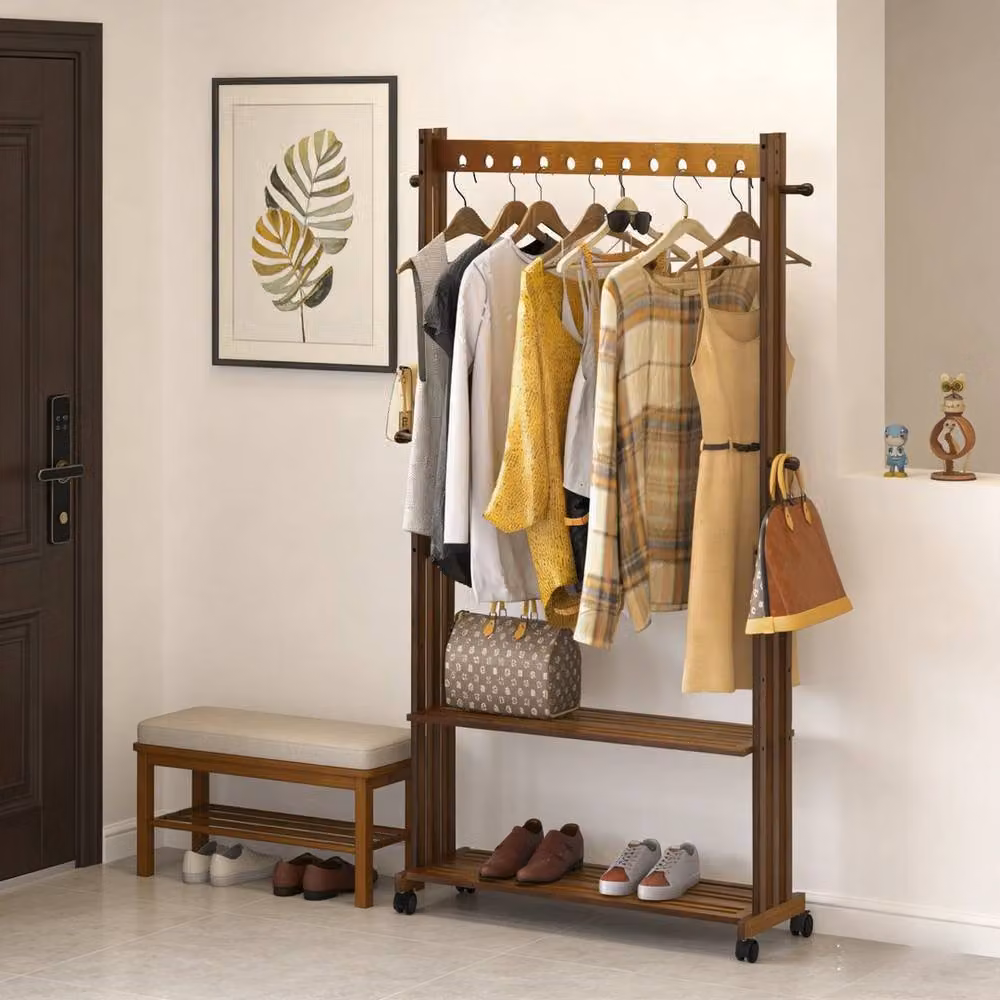 KORVIXA Industrial Clothes Rail with Bamboo Wood Hanging Rod in Brown Matt – 3