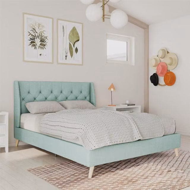 NG Her Majesty Modern Upholstered Bed in Green and Grey, W/D/H: 180 x 200 cm