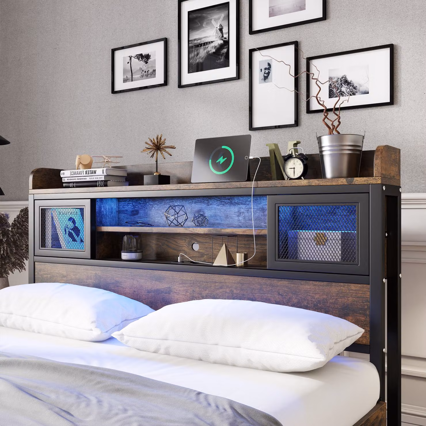 Aosom UK Black Metal Double Storage Bed with 2 Underbed Drawers, LED Light Strip, USB Charging Ports and Headboard Cabinets, W/D/H: 140 x 200 x 83.5 cm – 7