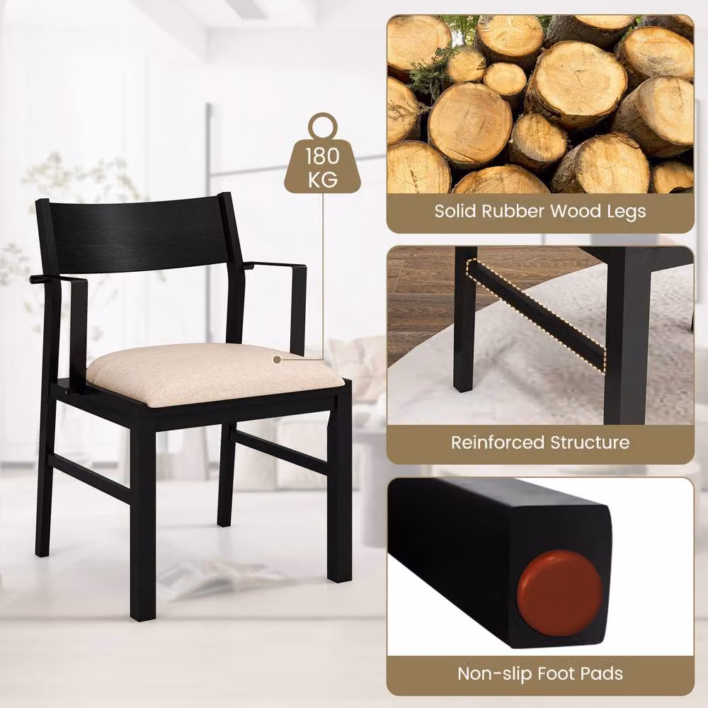 Gymax Set of 2 Modern Dining Chairs with Armrests in Brown Fabric and Black Metal/Rubberwood Frame – 7