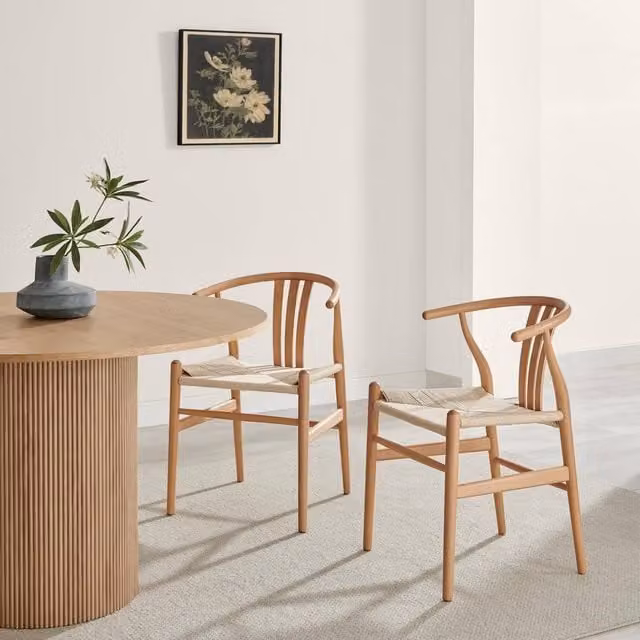 FurnitureboxUK Set of 2 Caia Scandinavian Wishbone Dining Chairs in Beige Oak Effect Wood and Rope