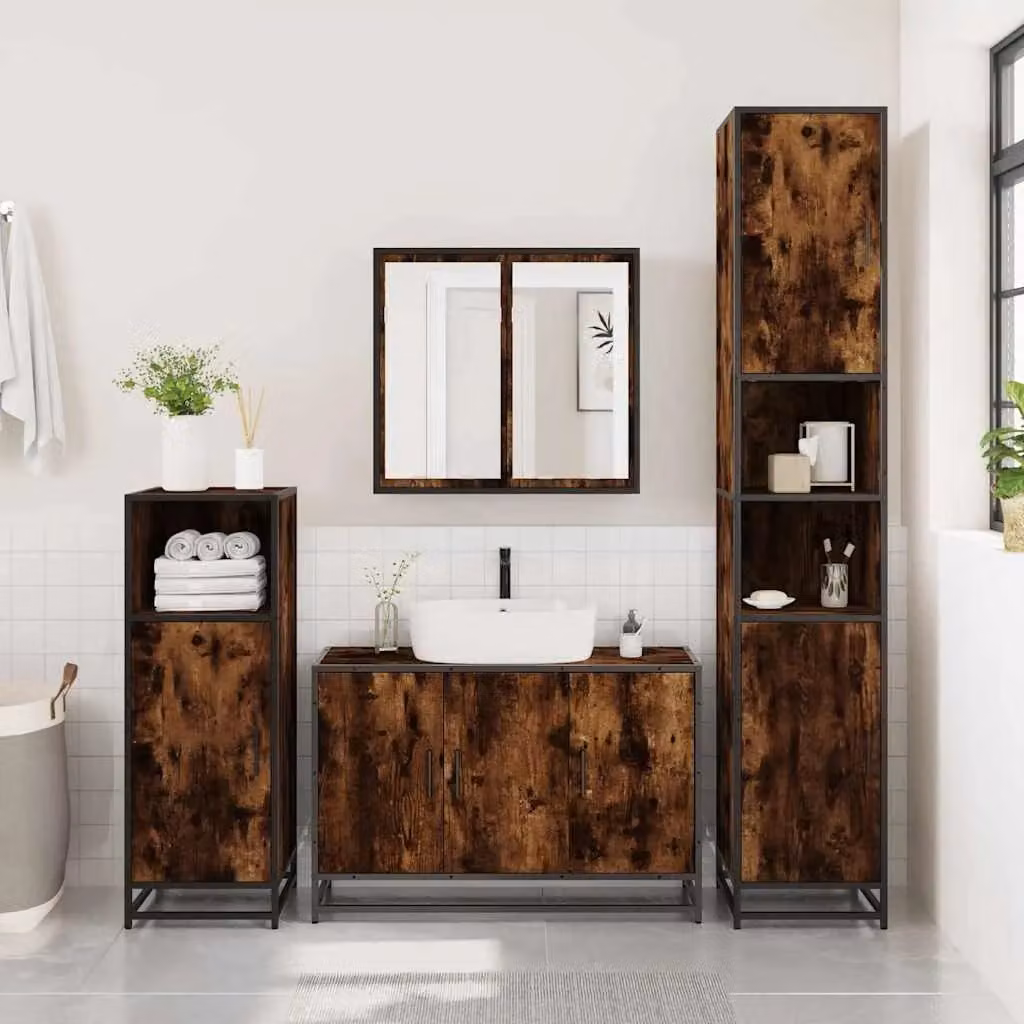 Berkfield Home 4-Piece Industrial Bathroom Furniture Set in Smoked Oak Brown – 4