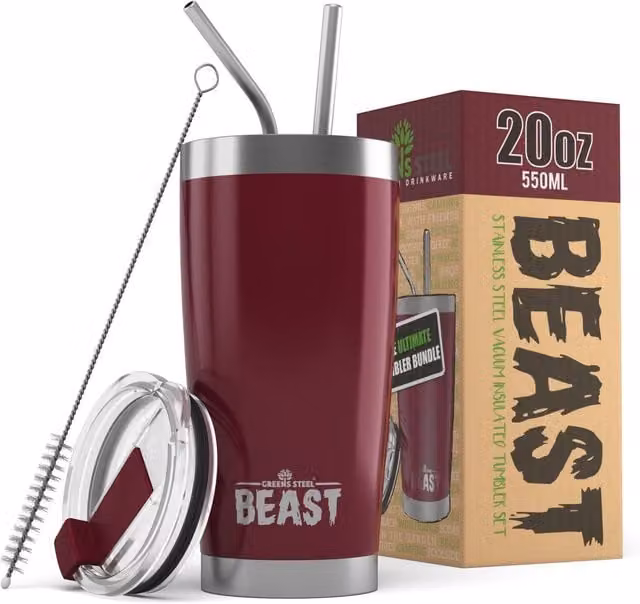 Green Steel Double Walled Stainless Steel Coffee Tumbler with Lid in Red