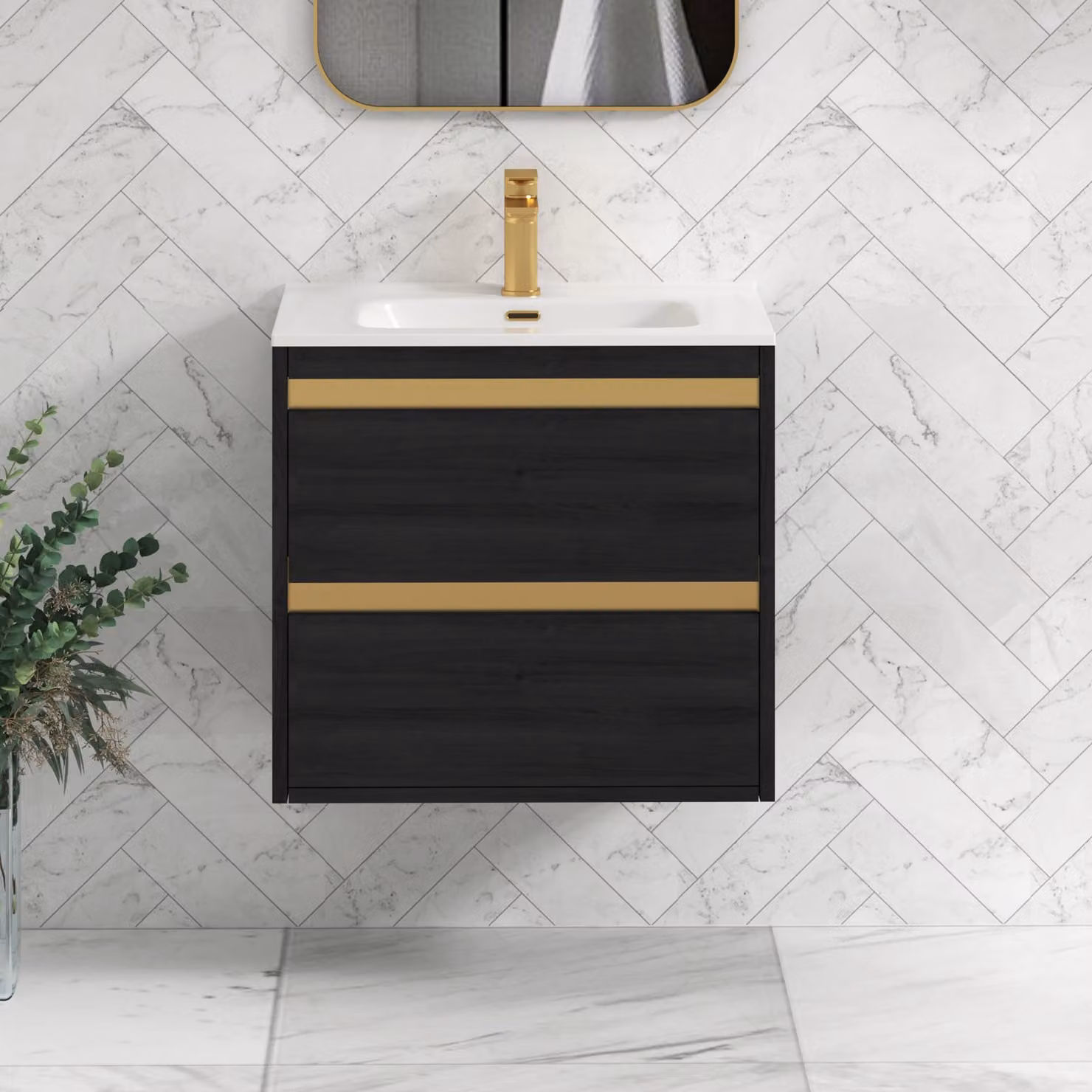 Royal Bathrooms Orion 600mm Wall Hung 2 Drawer Vanity Unit in Matt Black with Ceramic Basin and Brushed Brass Accent Trim