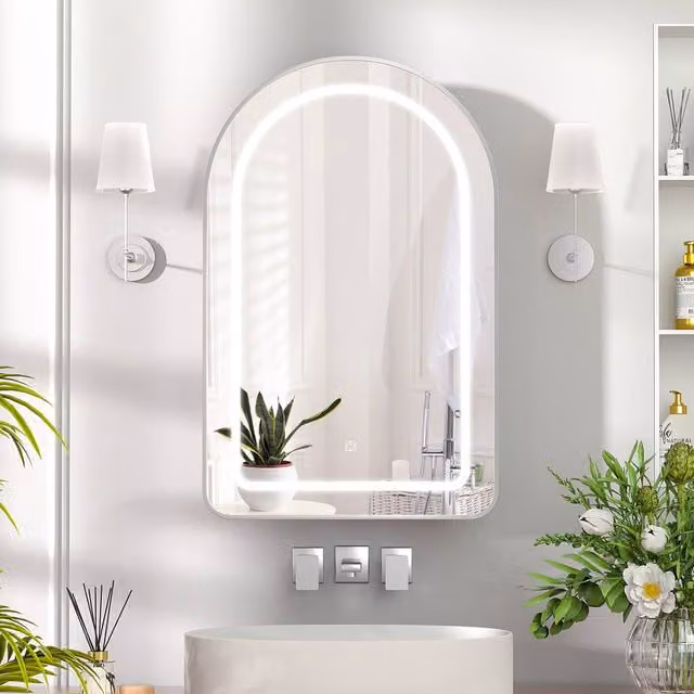 KEEPREAPER Modern Wall-Mounted Bathroom Mirror Cabinet with LED Lighting and Silver Metal Frame – 1