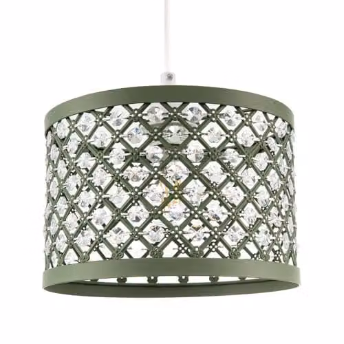 Happy Homewares Ornate Olive Green Metal Pendant Light Shade with Transparent Hexagonal Acrylic Beads, Shabby Chic Style, Diameter: 25 cm